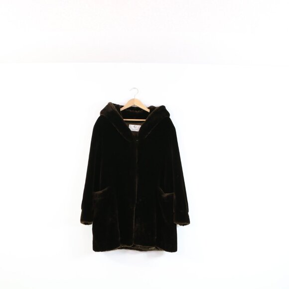 *Vintage Lucien Daville Paris Faux Fur Coat - Harrods Dark Brown with Hood - Picture 2 of 8